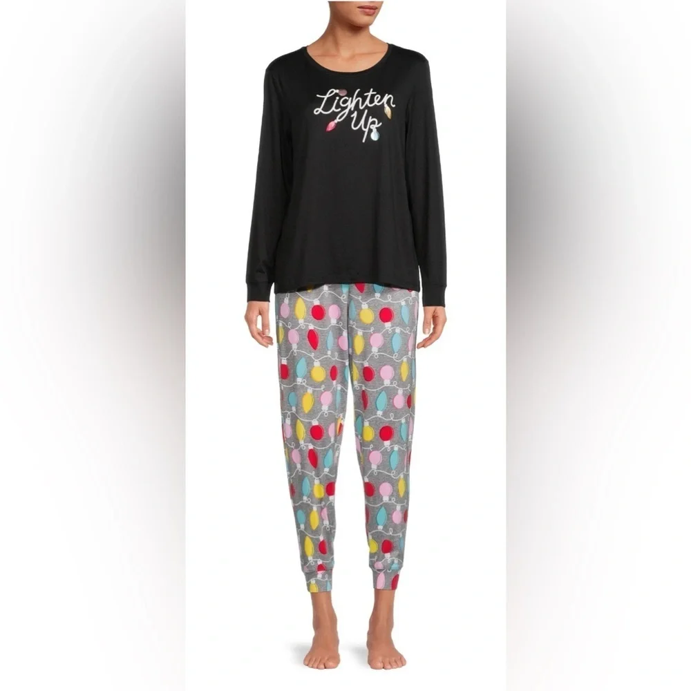 NWT Secret Treasures Black Long Sleeve Multicolor Jogger Pajama Set Holiday Lg